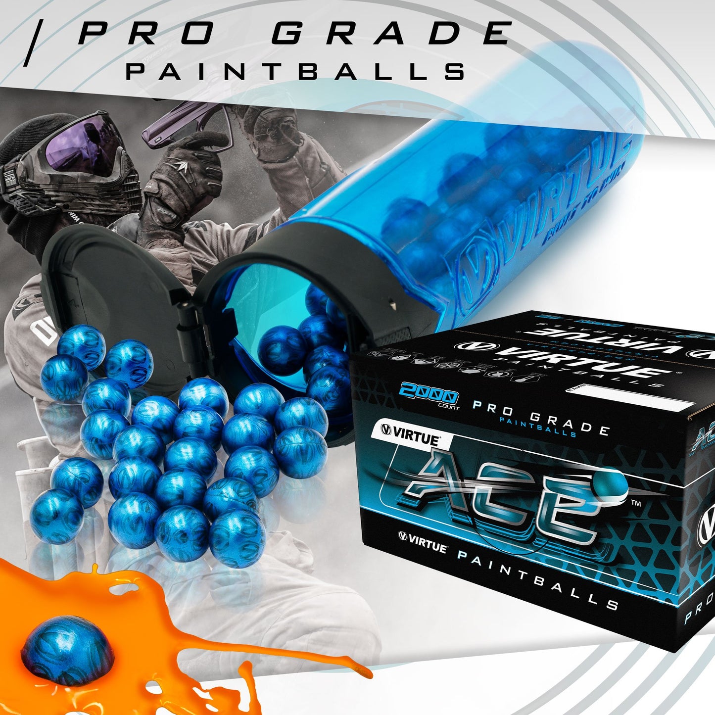 Virtue Ace Paintballs - Blue V-Logo Shell / Orange Fill - 1 Case